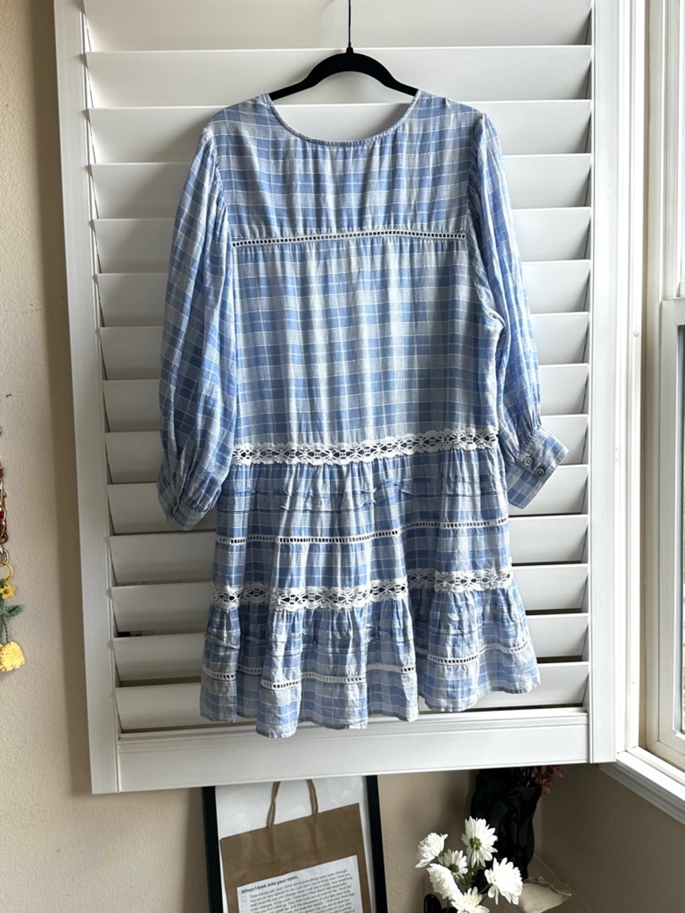 FREE PEOPLE Light Blue Plaid Lace Trim Babydoll Tunic Dress Size-L - Picture 9 of 13